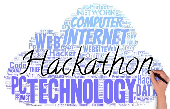 Big word cloud with hakathon words with hand and pen.