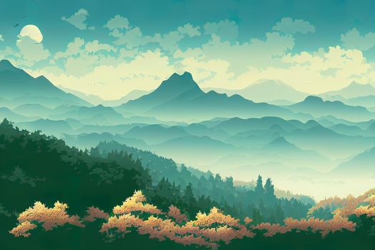 Hand drawn nature illustration with mountains and forest on first view. Using for travel and nature background and card.