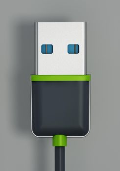 USB cable and plug isolated on gray background. 3D illustration.