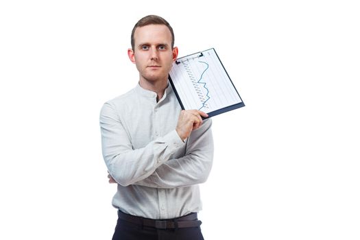 man businessman, a teacher, a mentor, study and sign documents a new Business Projects. Isolated on white background