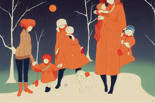 Mother with baby in her arms walking in the Park in winter in beige clothes. Mom plays with her child outside in winter. Happy family.