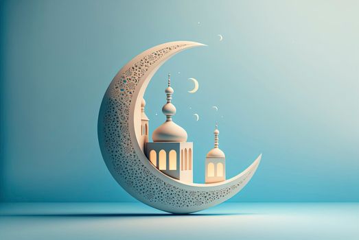 3d illustration of a mosque with golden moon and stars ornament