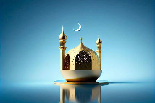 3d illustration of a mosque with golden moon and stars ornament