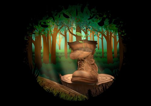 dark illustration of an old boot in the wild forest art. High quality illustration