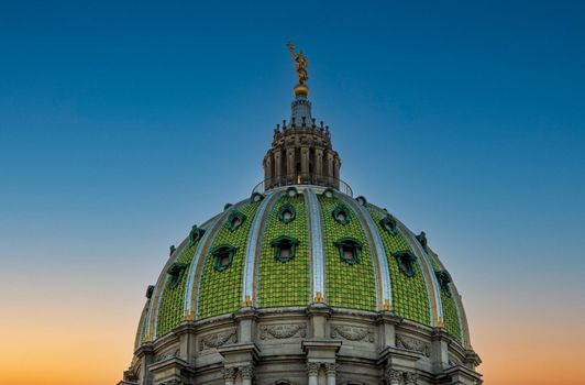 Detail of the tiling and statue on the dome of the Pennsylvania State Capitol building in Harrisburg PA