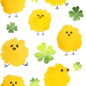 Pattern with watercolor yellow chicks and clover shamrock. Illustration.
