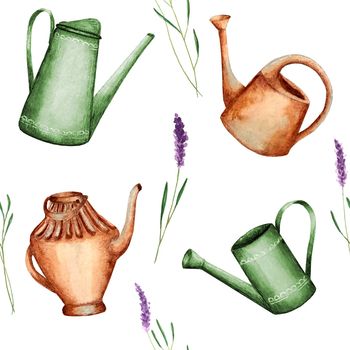 Pattern watercolor garden watering cans and sprigs of lavender. Illustration.