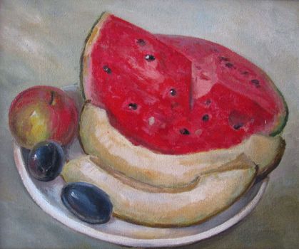 still life with chopped melon, watermelon and plums, painting