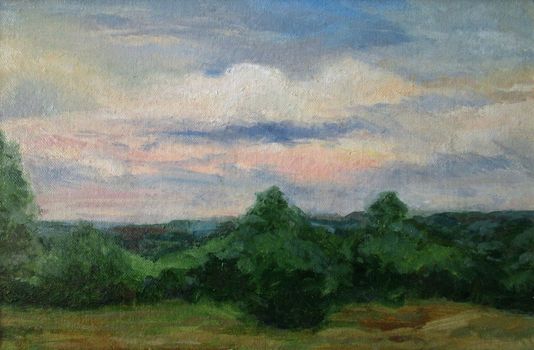 Beautiful dawn sky over the forest, oil painting