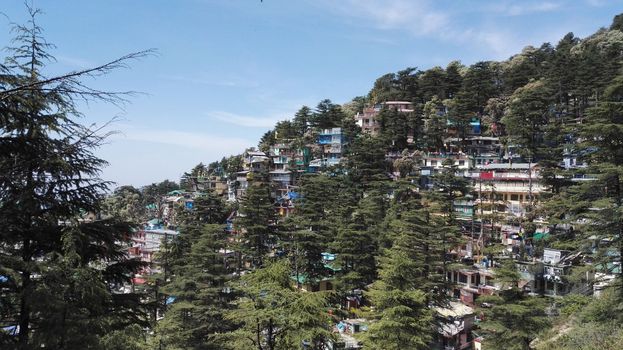 Colorful Hillside Buildings in Spiritual Travel Destination Dharamshala, India. High quality photo