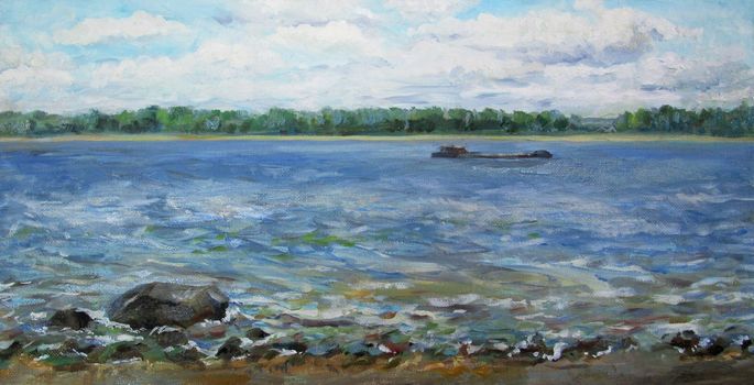 A barge on the Volga river, oil painting