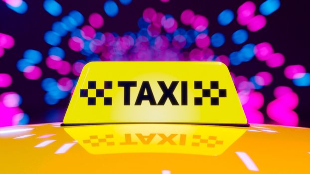 Taxi rides on the night road. 3D rendering illustration..