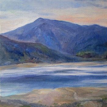 Bright mountains reflected in water. Georgia. Hand made oil painting on canvas.