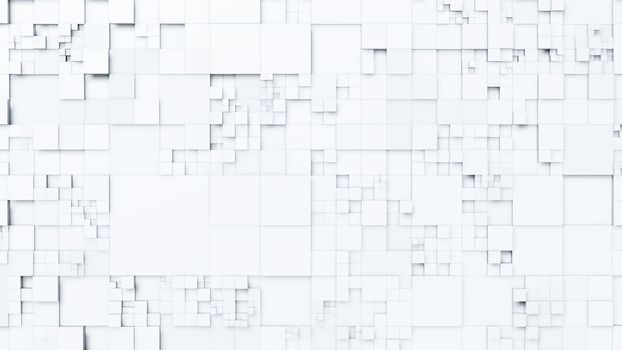 Background of white cubes moving at different levels. 3D rendering illustration..