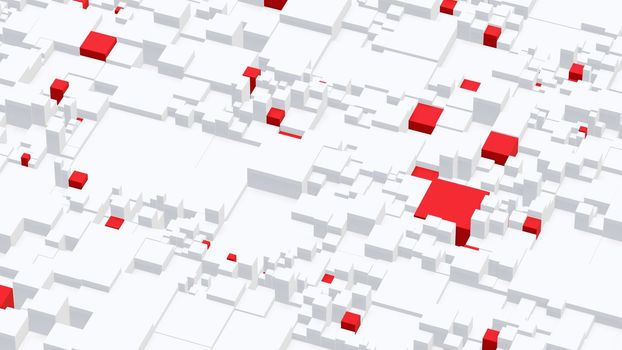 Background of white and red cubes moving at different levels. 3D rendering illustration..