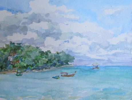 Thailand sea and boats near the coast in summer. Watercolor painting . High quality photo