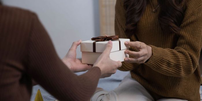 Happy woman giving Christmas and New Year Gift box to woman at Home.Family Xmas celebration. Christmas decoration. Relationship..