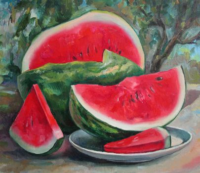 Fresh cut watermelon on a table in the garden, painting