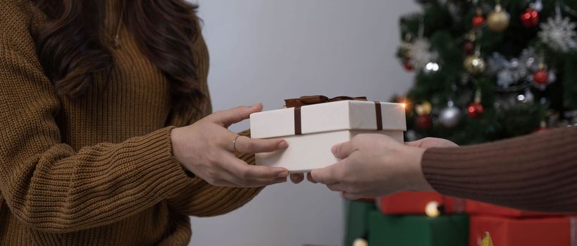 Happy woman giving Christmas and New Year Gift box to woman at Home.Family Xmas celebration. Christmas decoration. Relationship..