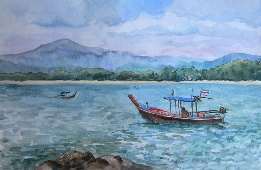 Thailand sea and boats near the coast in summer. Watercolor painting . High quality photo