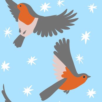 Hand drawin seamless pattern of wild robin bird on blue background. Red breat animal species with grey beige wings, cute winter forest design, , december christmas new year wood woodland, wild nature