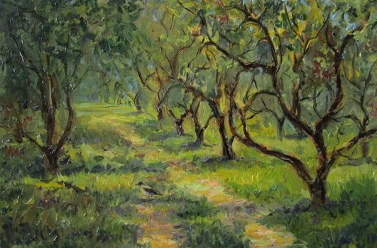 Apple trees in russian summer park, painting