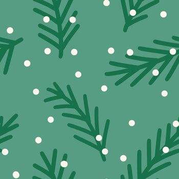 Hand drawn seamless pattern with pine conifer spruce branches twigs on green background, Christmas winter new year print for textile wrapping paper, natural colors evergreen fabric print