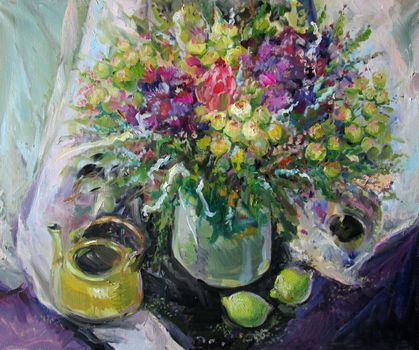 still life with exotic flowers and limes in purple tones