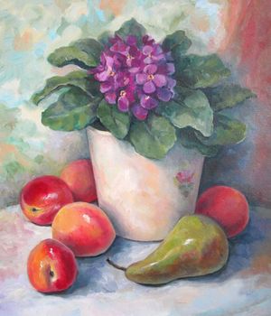 Still life with a violet, peaches and a pear, oil painting