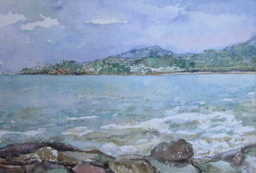 Thailand coast in summer, watercolor illustration . High quality photo