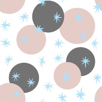 Hand drawn seamless pattern with grey beige round circles blue snow snowsflakes on white background. Retro vintage mid century modern design, abstract geometric fabric print, creative winter art