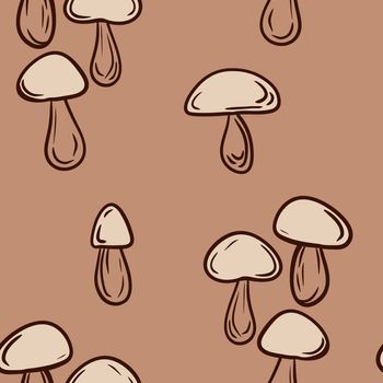 Hand drawn seamless pattern with beige brown forest wood mushrooms. Woodland minimalist toadstool wild fungus fungi, nature poisonous plant organic season