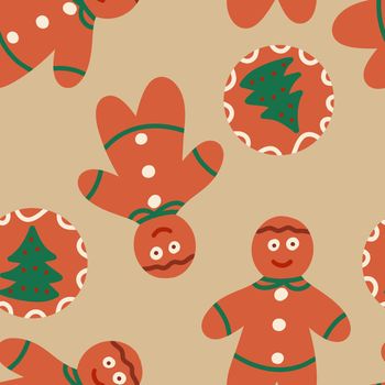 Seamless hand drawn pattern with Christmas cookies beige new year food gingerbread man wreath bows. Celebration cuisine snacks in red green traditional colors. Funny winter background