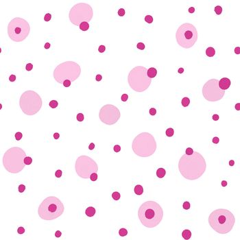 Hand drawn seamless pattern with pink red polka dot round circles fabric print. Simple minimalist design for girl nursery kids children apparel, gender reveal print, funny cute blobs on white background