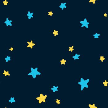 Hand drawn seamless pattern of outer space galaxy astronaut in purple blue colors. Stars planet asteroid comet saturn moon fabric print for boys nursery decoration spaceship alien ship art