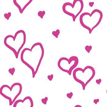 Hand drawn seamless pattern with pink st valentines day hearts love. Cute romantic doodle on white background, wrapping paper textile, valentine texture symbol fabric print, siple shapes
