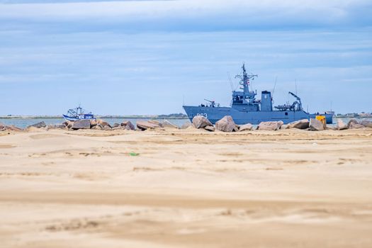 Brazilie - March 23, 2022: military ship near the ocean coast.