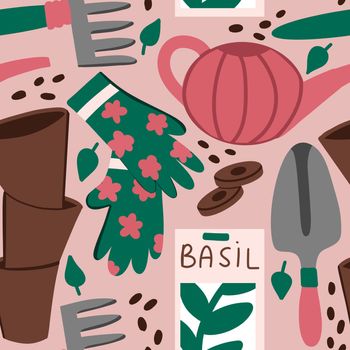 Hand drawn seamless pattern with garden gardening tools gloves shovel rake seeds in pink green beige. Spring nature floral design for plant lovers, gardener pot basil seedlings, farm grwoth agriculture organic equipment