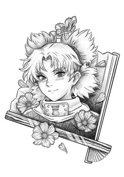 tattoo sketch of Temari from Naruto with a fan and flowers in graphics illustration