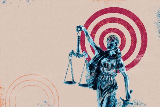 Composite contemporary collage statue of justice themis femida on the background of the target as the concept and idea of justice and law. High quality photo