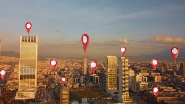 Aerial smart city. Localization icons in a connected futuristic city. Technology concept, data communication, artificial intelligence, internet of things. izmir skyline. High quality photo