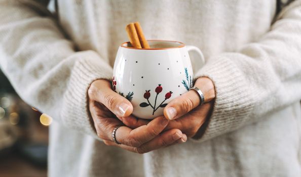 Woman's hands in sweater holding cup mug with cinnamon of hot drink coffee indoors. Still life composition