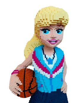 Handball girl made of Lego elements. White isolated background.