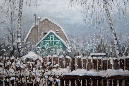 Winter day in the russian country, oil painting