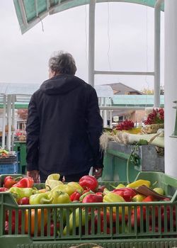 Farmer with organic fruits and vegetables stacked at a local market in Slovakia