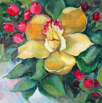 Yellow orchid and red berries, painting