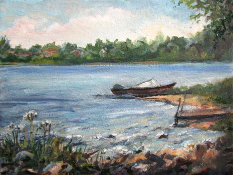 boat and the river, oil painting