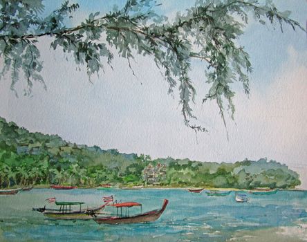 Thailand sea and boats near the coast in summer. Watercolor painting . High quality photo