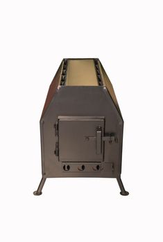 Metal wood stove for heating homes and industrial premises on white background. Interior element