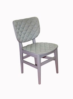 Gray wooden chair with quilted padding on white background. Interior element